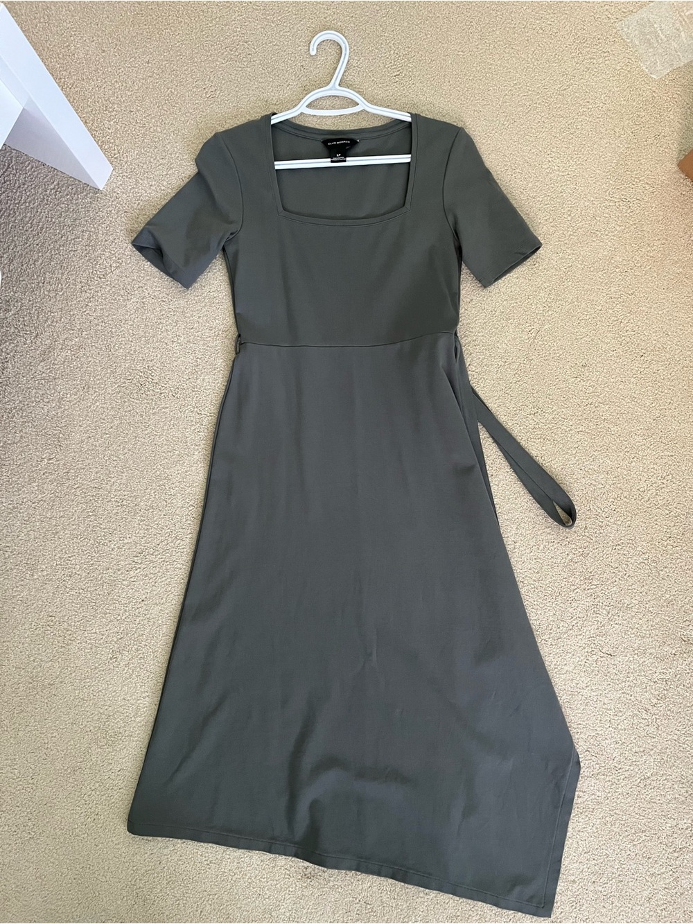 Club Monaco Olive Green Square-Neck Midi Dress with Tie